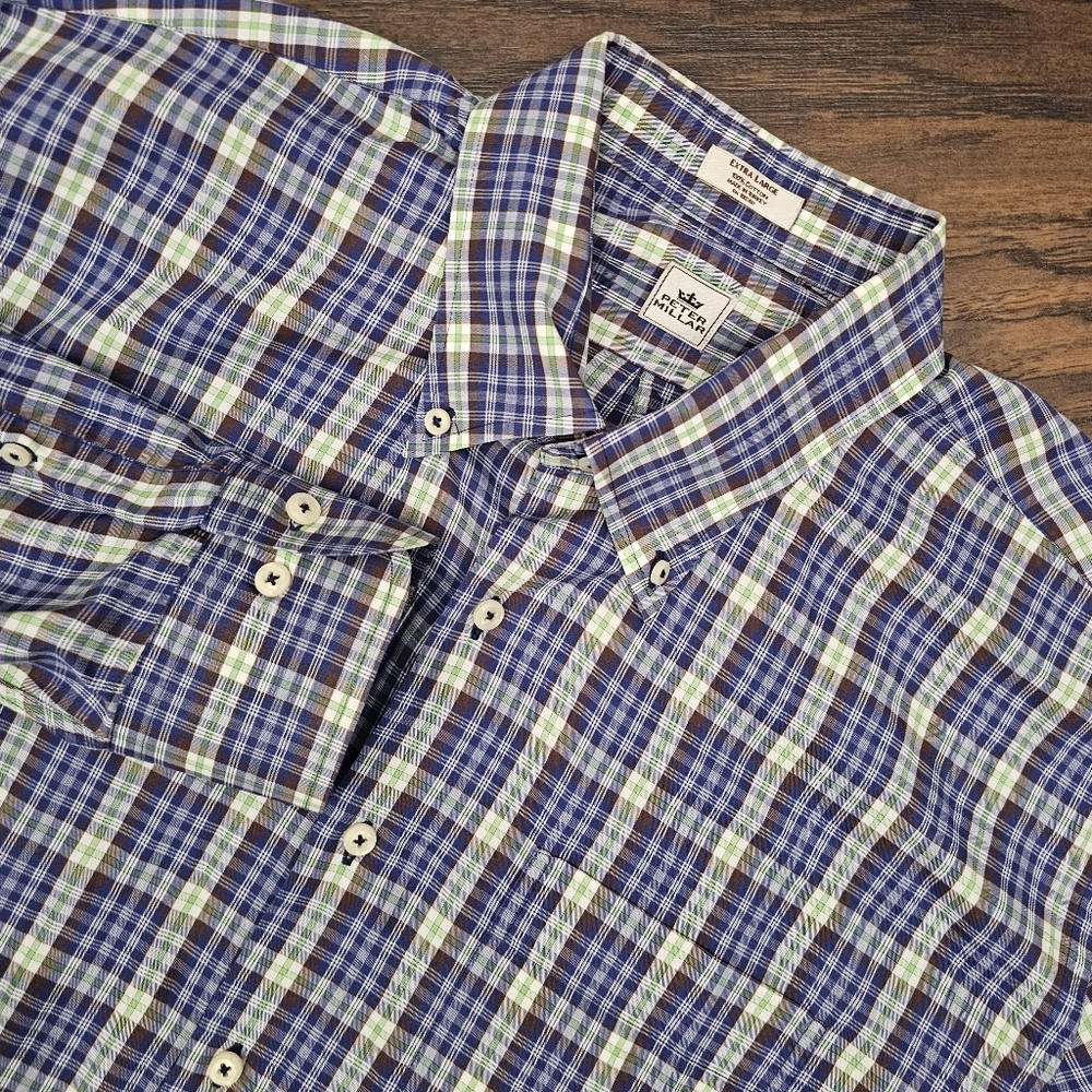 Peter Millar Mens XL Plaid Blue Green Brown Button Down Shirt Casual Preppy